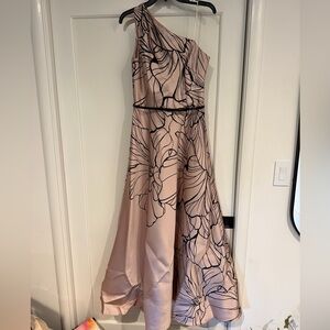 Carmen Marc Valvo Blush Pink and Black One-Shoulder Floral Gown